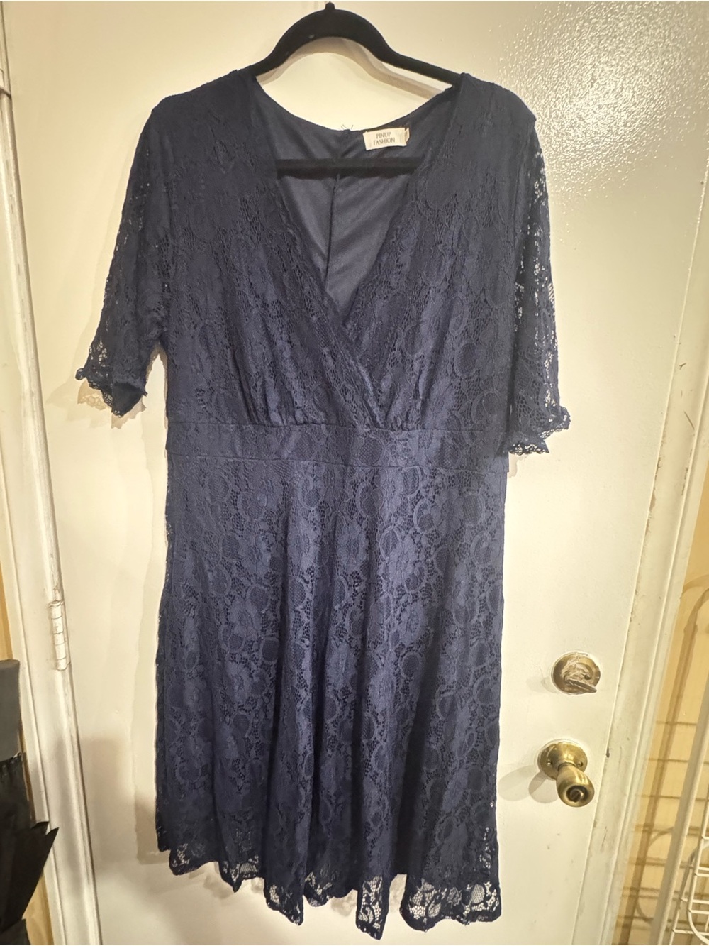 Navy Lace Midi Dress with V-Neck Wrap